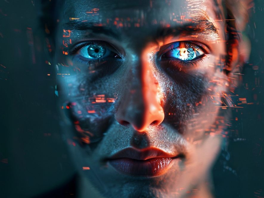 A stylized, glitchy image of a human face, with pixels subtly shifting and distorting around the eyes and mouth, suggesting digital manipulation and the blurring of reality. The background is dark and abstract, emphasizing the artificiality.