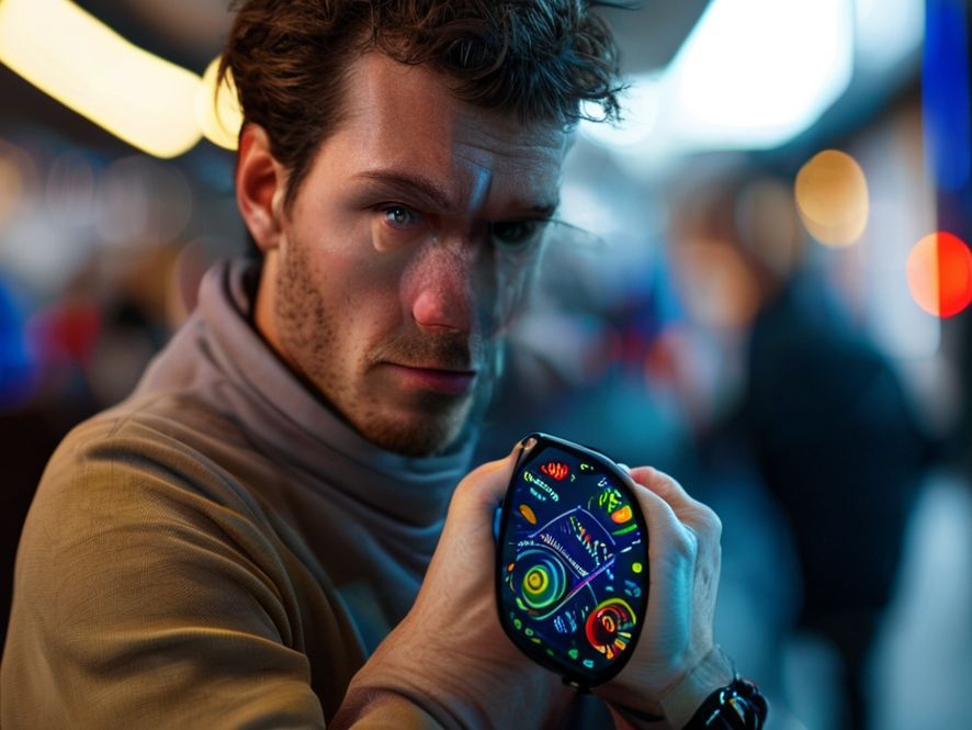 A person looking thoughtfully at their smartwatch, which displays complex health data graphs like heart rate and sleep patterns. The background is slightly blurred, suggesting a busy, modern life.