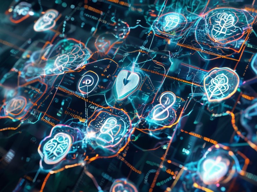 A complex digital network of interconnected data points, with various health icons (heart, brain, DNA helix) integrated into the nodes. A faint, almost invisible lock icon is embedded within the network, suggesting vulnerability.