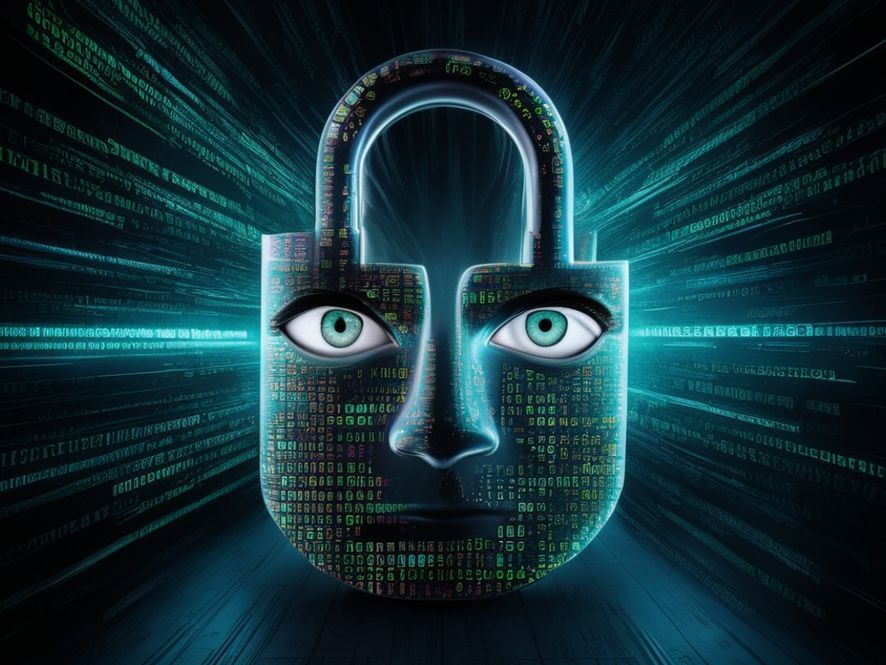 A stylized padlock made of glowing digital code, with a pair of watchful, slightly worried eyes peering out from behind its bars, symbolizing the constant threat to digital privacy.