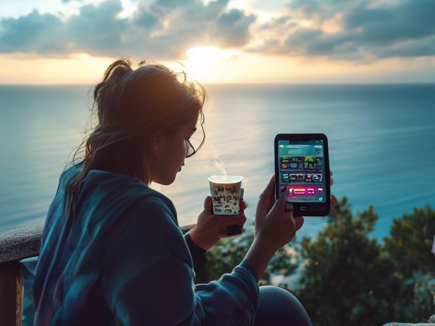 A person sitting on a balcony overlooking a beautiful Aegean sea view, holding a lukewarm coffee cup, intensely focused on their smartphone trying to capture the 'perfect' photo, with various filters and angles being considered on the screen. The morning light is beautiful but the person's face shows a mix of concentration and slight frustration, rather than relaxation.