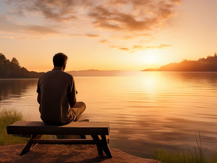 A solitary figure, seen from behind, sitting on a simple wooden bench by a serene lake at sunset, with no phone visible. The person is simply observing the tranquil scene, perhaps with a slight smile, embodying a moment of genuine, unplugged peace and reflection, in stark contrast to the previous images.