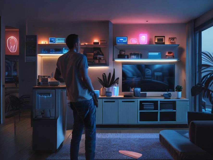 An illustration of a smart home living room where everyday objects like the fridge, TV, and coffee maker have price tags and coin slots attached to them. A frustrated user is looking at their empty wallet. The style is cyberpunk noir with neon accents.