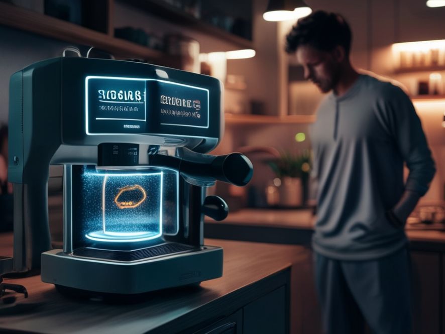 A close-up shot of a sleek, modern coffee machine in a dimly lit kitchen. The machine's digital display shows a progress bar stuck at 12% with the text "UPDATING DO NOT UNPLUG". In the background, a blurry figure of a man in pajamas looks frustrated.