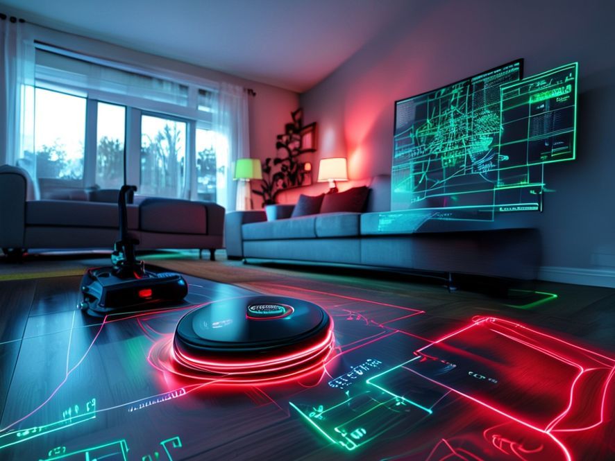 A fisheye lens view from a robot vacuum's perspective on the floor. The living room is overlaid with a digital green grid and wireframe mapping lines. Red bounding boxes identify objects like "Sofa", "Table", and "Human Legs".