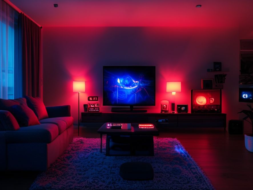 A dark living room at night, illuminated only by the creepy red and blue standby lights of various electronic devices (TV, router, smart speaker, camera). The lights look like glowing eyes staring at the viewer in the darkness.
