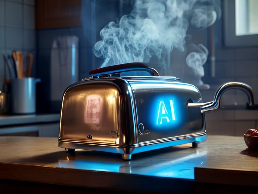 A close-up shot of a retro-style toaster with a futuristic, glowing blue "AI Inside" badge stuck crookedly on the side. Smoke is coming out of the toaster slots, forming a question mark.