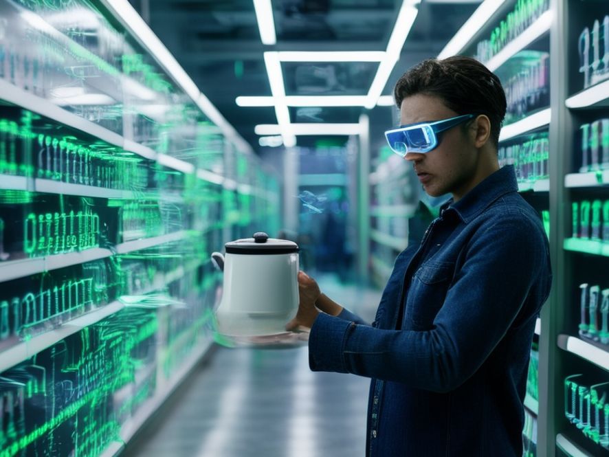 A confused consumer in an electronics store holding a simple electric kettle. Through augmented reality glasses, the consumer sees complex mathematical formulas and matrix code floating around the kettle, while the price tag shows an exorbitant amount.