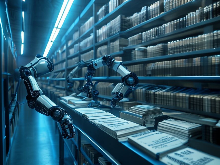 A surreal digital illustration showing a vast, empty library where robotic arms are furiously writing books and placing them on shelves, while other robotic eyes scan them. There are no humans present. Dark, moody lighting with neon blue accents.