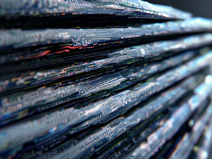 Close-up abstract representation of a photocopy distorting over time. The first layer is a clear crisp text, the layers underneath become increasingly blurry, pixelated and turning into digital noise and static.