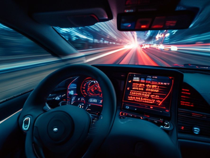 A highly detailed close-up shot of a futuristic, sleek smart car dashboard. The dashboard screen is displaying a critical error message in bold red text: "BRAKE SYSTEM UPDATE REQUIRED - 45% DOWNLOADED". The background shows a blurred highway through the windshield, creating a sense of urgency and danger. The lighting is moody, reflecting the frustration of the situation.