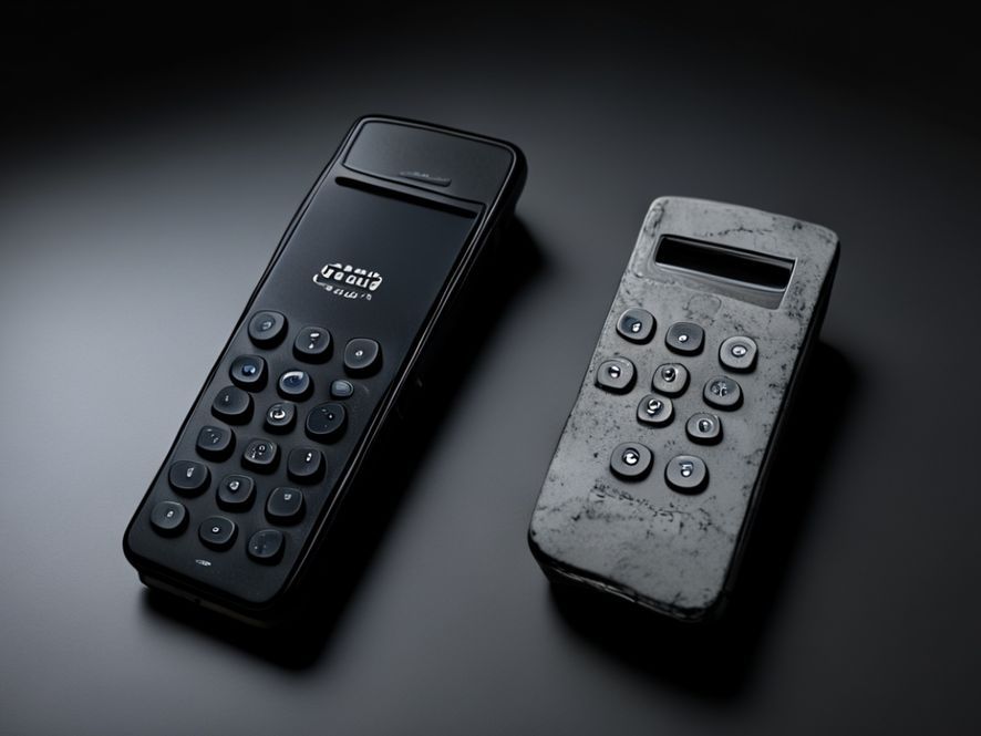 A high-contrast studio shot comparing a sleek, modern matte-black dumbphone costing hundreds of dollars next to an old, battered, grey Nokia 3310. The lighting emphasizes the irony of the price difference.
