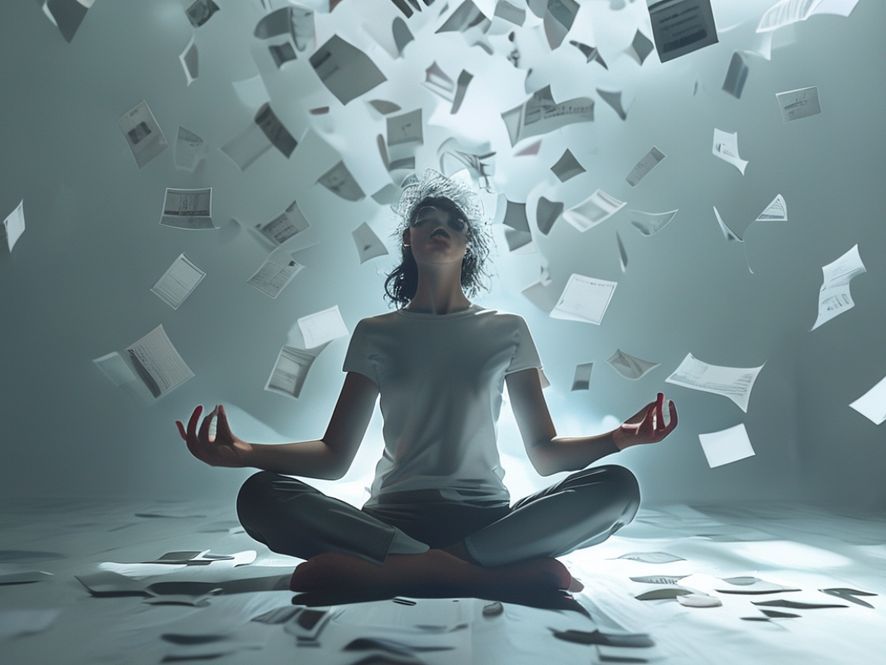 An illustration of a person sitting in a lotus position meditating, but instead of a peaceful aura, they are surrounded by floating price tags and receipts, holding a minimalist phone like a sacred relic.