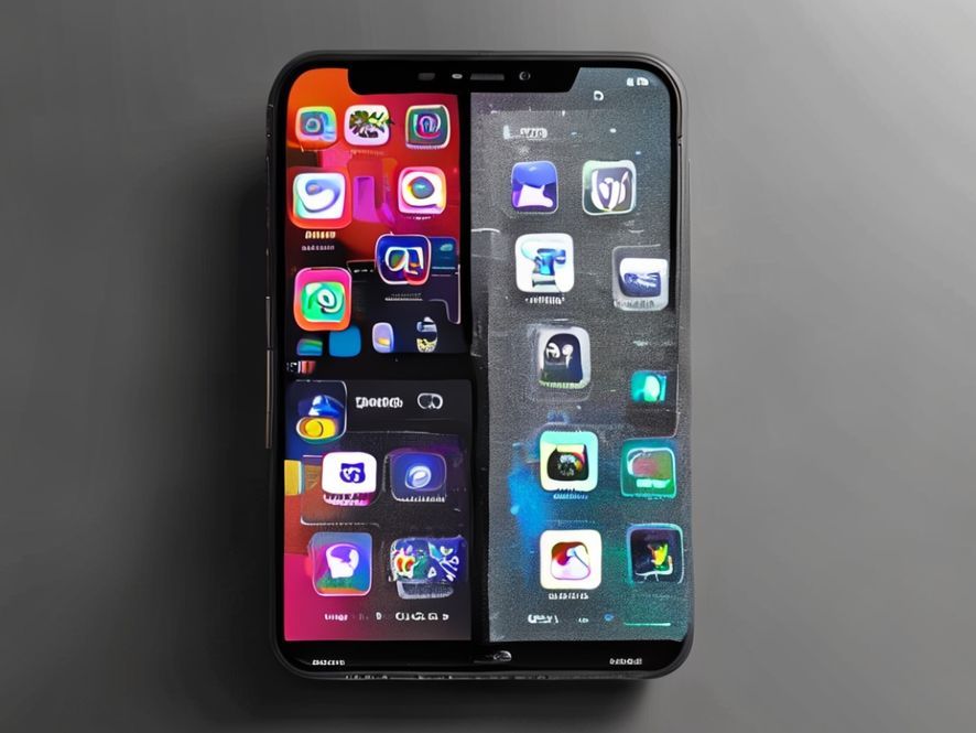Close up of a smartphone screen split in half. The left side shows vibrant, colorful app icons. The right side shows the same screen in grayscale mode, looking dull and unappealing.