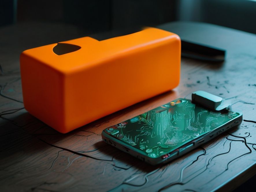 A bright orange, retro-futuristic square gadget sitting on a wooden desk next to a disassembled smartphone showing its internal circuits. The orange gadget looks simple and toy-like compared to the complex and dense engineering of the smartphone parts. Soft, moody lighting.