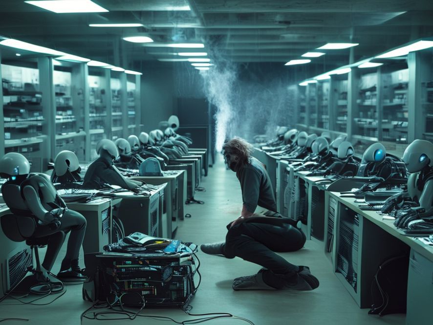 A futuristic, abandoned office setting where rows of desks are empty, except for robots sitting at them. In the center, a single, old human developer looks exhausted, surrounded by piles of manuals, trying to fix a sparking server rack while the robots ignore him.