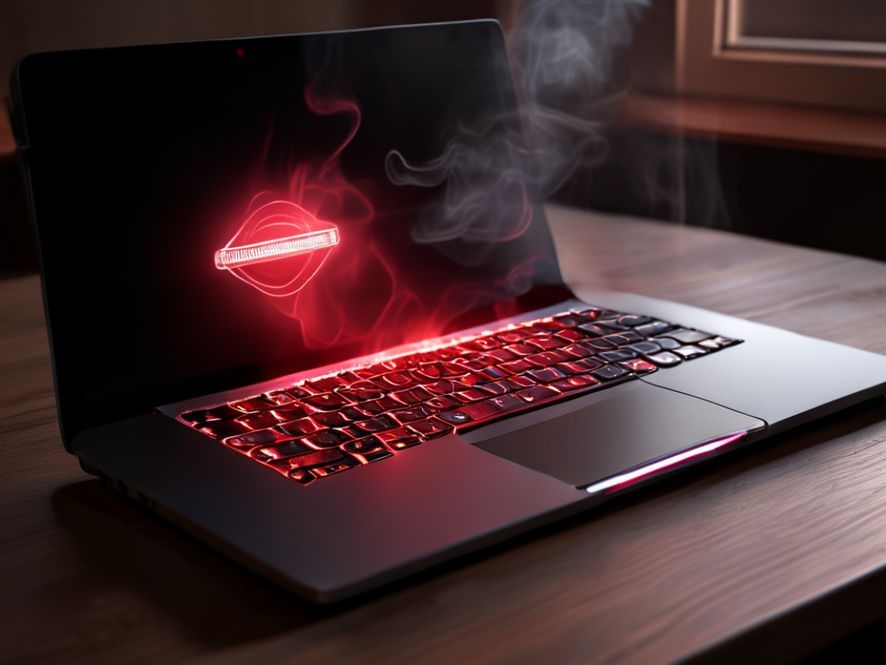 A close-up illustration of a laptop on a wooden desk, glowing red hot with smoke gently rising from the keyboard, while the screen displays a very simple text page with a 'Loading' spinner.