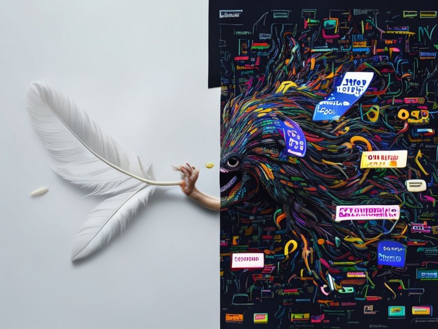 A split-screen comparison. On the left, a minimalist feather labeled 'Old Web'. On the right, a bloated, chaotic monster made of code blocks, ads, and pop-ups labeled 'Modern Web', struggling to hold the same feather.