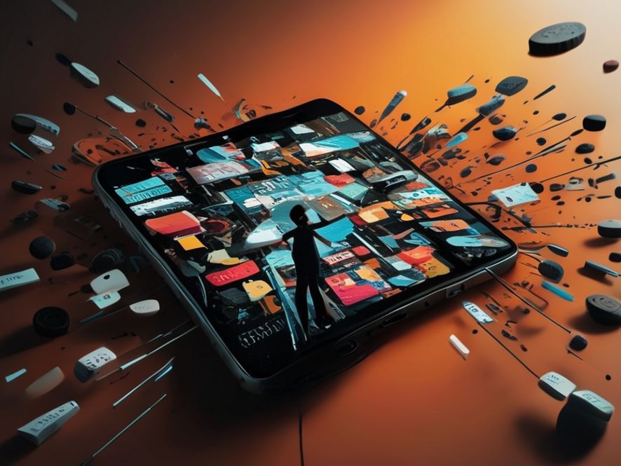 A cartoonish smartphone screen completely covered in pop-up dialogs, cookie consent banners, newsletter sign-up forms, and auto-playing videos, with a tiny user peering through a small crack trying to read text.