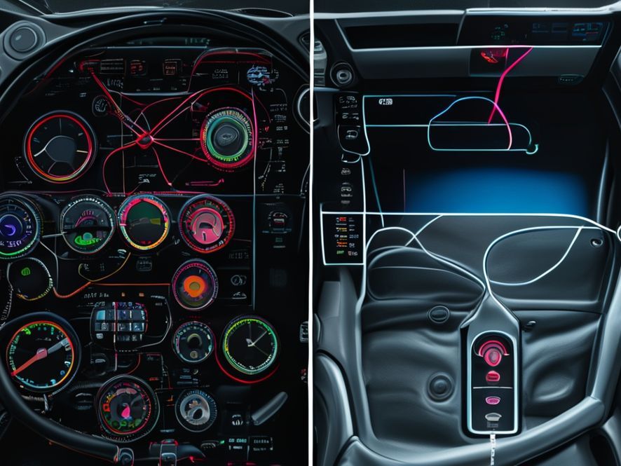 A split-screen comparison image. On the left, a complex wiring harness typical of older cars with many physical buttons. On the right, a sleek, single touchscreen dashboard with just one ribbon cable connecting it, symbolizing cost reduction over functionality.