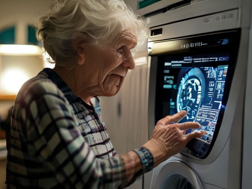An elderly woman looking confused and frustrated in front of a modern washing machine that has a complex digital touchscreen interface instead of a simple rotary dial.