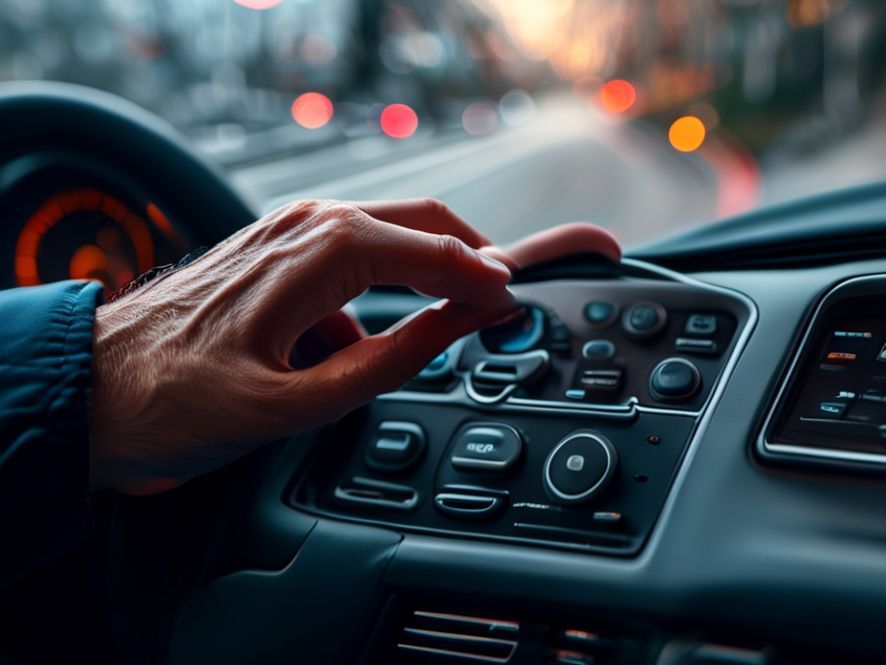 A close-up shot of a driver's hand pressing a physical button on a car dashboard with a satisfying 'click' effect visualized, contrasting with a blurry background of a dangerous road, emphasizing safety.