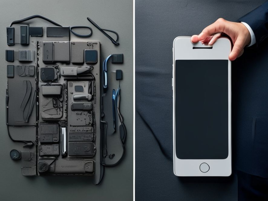 A split comparison illustration. On the left, a bulky, older generation smartphone box overflowing with accessories like a charger, earphones, and manuals. On the right, a hyper-slim, modern smartphone box containing only the phone, looking empty. In the background, a greedy corporate hand is taking the charger away from the box.