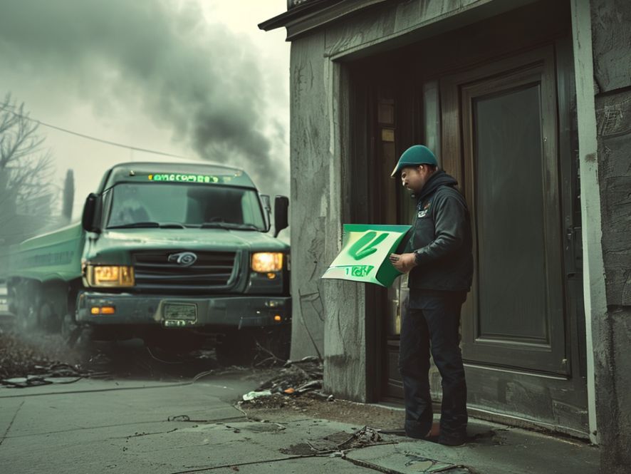 A satirical illustration showing a delivery truck emitting smoke, delivering a tiny package containing a single power adapter to a house. The house is already filled with useless old cables. The sky is grey, emphasizing pollution, contrasting with a 'green leaf' logo on the package.
