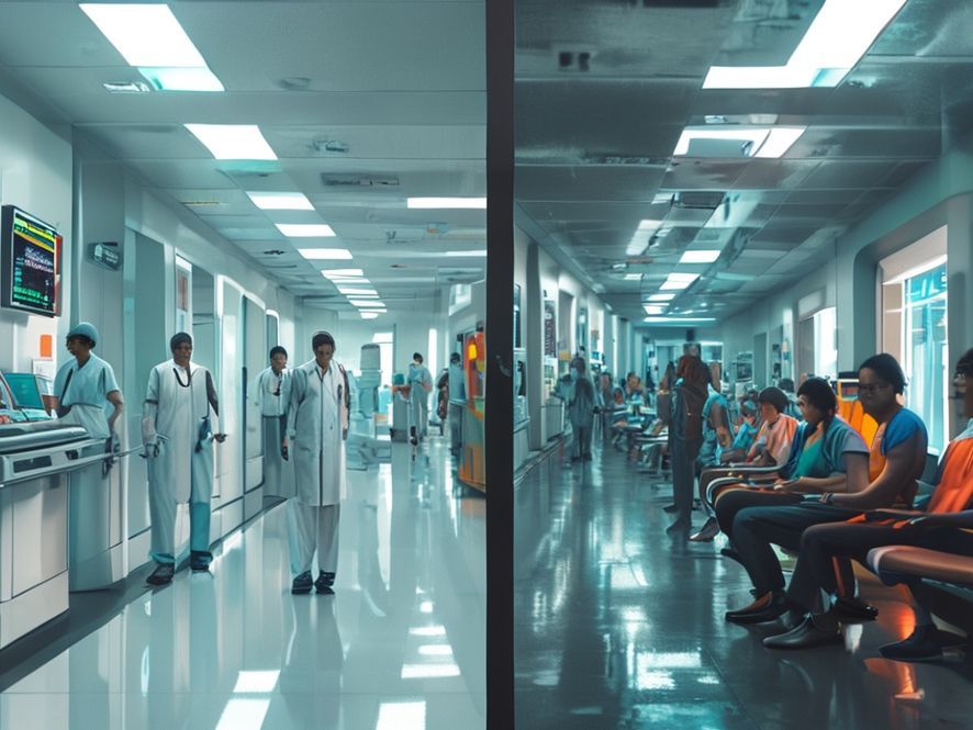 A split image or a clever juxtaposition. On one side, a gleaming, futuristic hospital corridor with high-tech equipment and well-dressed, confident medical staff. On the other side, a crowded, slightly dilapidated public hospital waiting room, filled with anxious faces, long queues, and a sense of weariness.
