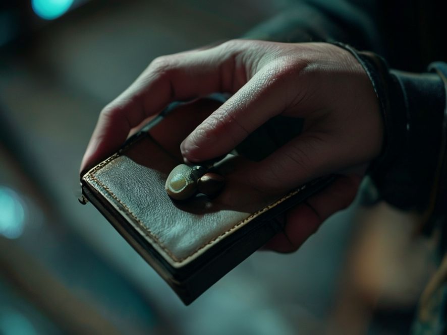 A close-up of a human hand holding a very thin, almost empty wallet, while in the background, out of focus, a hospital sign is visible. The lighting is dim, emphasizing a sense of struggle and limited options.