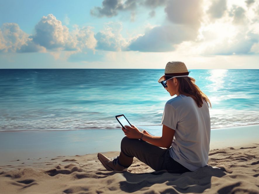 A person sitting on a beautiful beach, facing the ocean, but their face is illuminated by the glow of a smartphone screen they are intently looking at, with beach items like sunglasses and a straw hat beside them. The contrast between the serene environment and the focused screen interaction is evident.