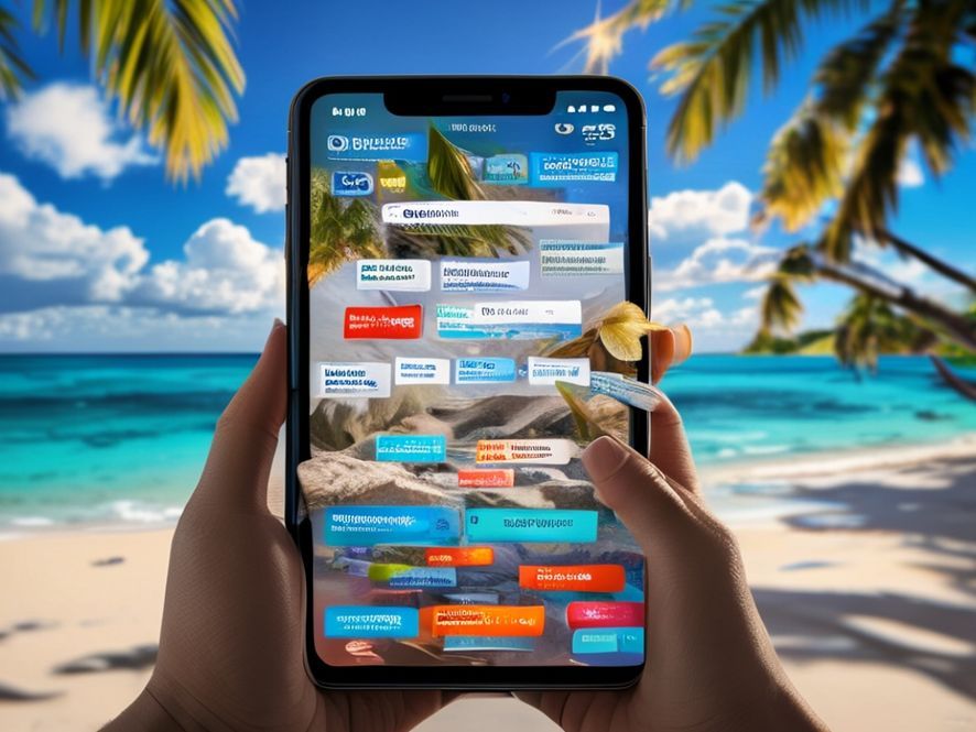 A close-up shot of a smartphone screen displaying multiple email and messaging app notifications, with a blurred background of a tropical beach or a relaxed holiday setting, emphasizing the intrusion of work into leisure.