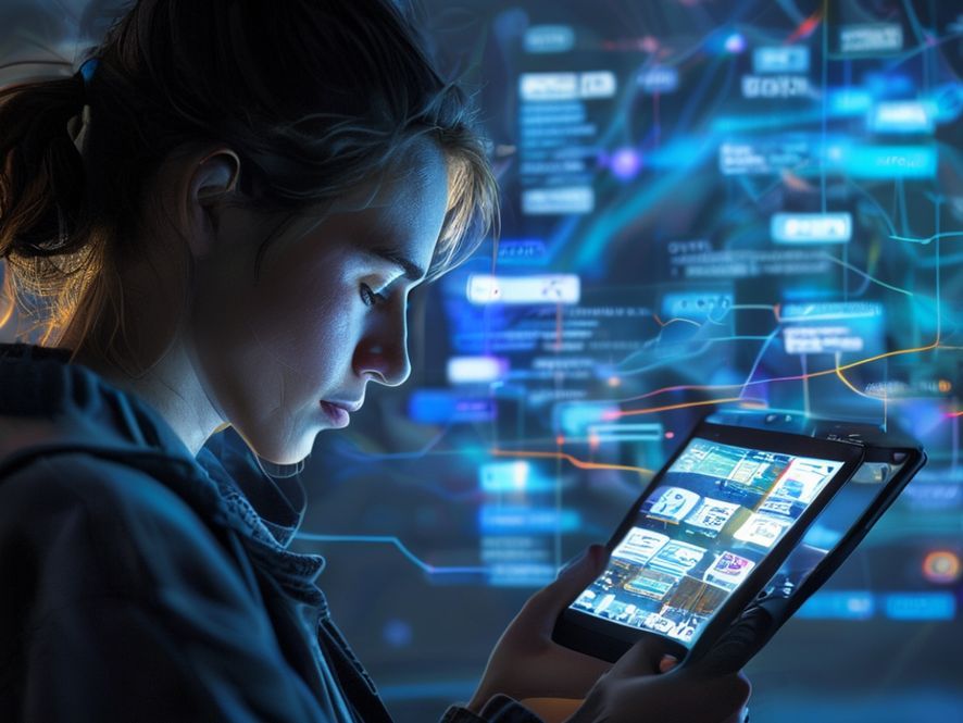 A person looking thoughtfully at a smartphone screen displaying travel recommendations, while in the background, abstract digital lines and nodes subtly suggest algorithmic processes influencing the choices.