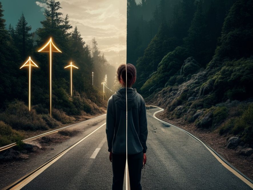 A person stands at a crossroads, one path clearly marked with digital arrows and glowing lines indicating "optimized route," while the other path is a winding, overgrown, natural trail leading into an unknown but inviting forest. The person looks conflicted.