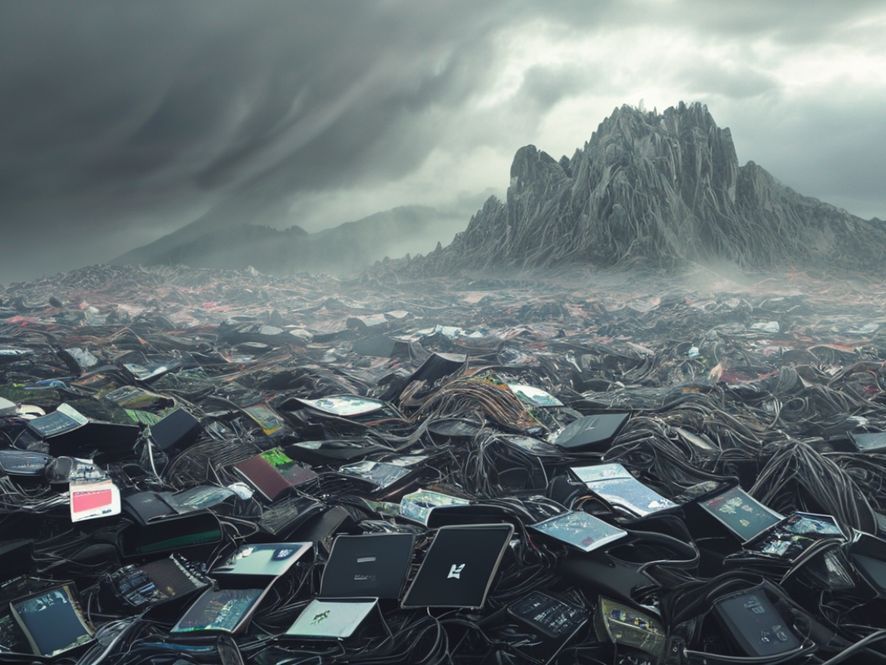 A wide shot of a vast, desolate landscape filled with towering piles of discarded electronics, old smartphones, broken laptops, and tangled cables under a smoggy sky. The scale emphasizes the immense problem of e-waste.