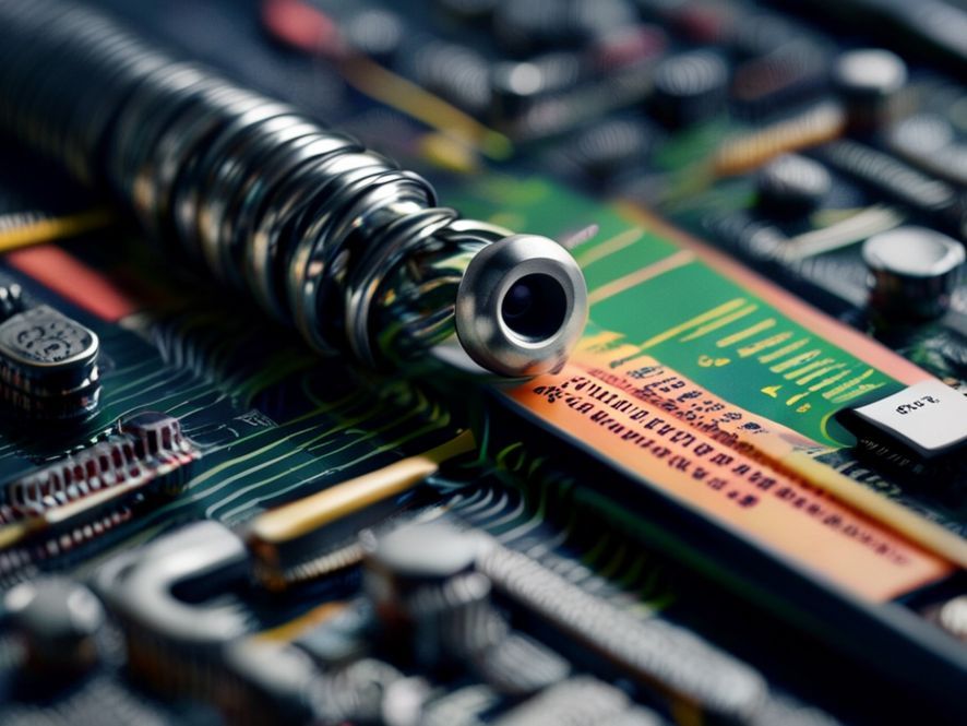 A close-up shot of a smartphone's intricate internal components. A tiny, proprietary screw with an unusual head is prominently visible, next to a warning sticker in a foreign language. The overall impression is one of complexity and intentional inaccessibility.