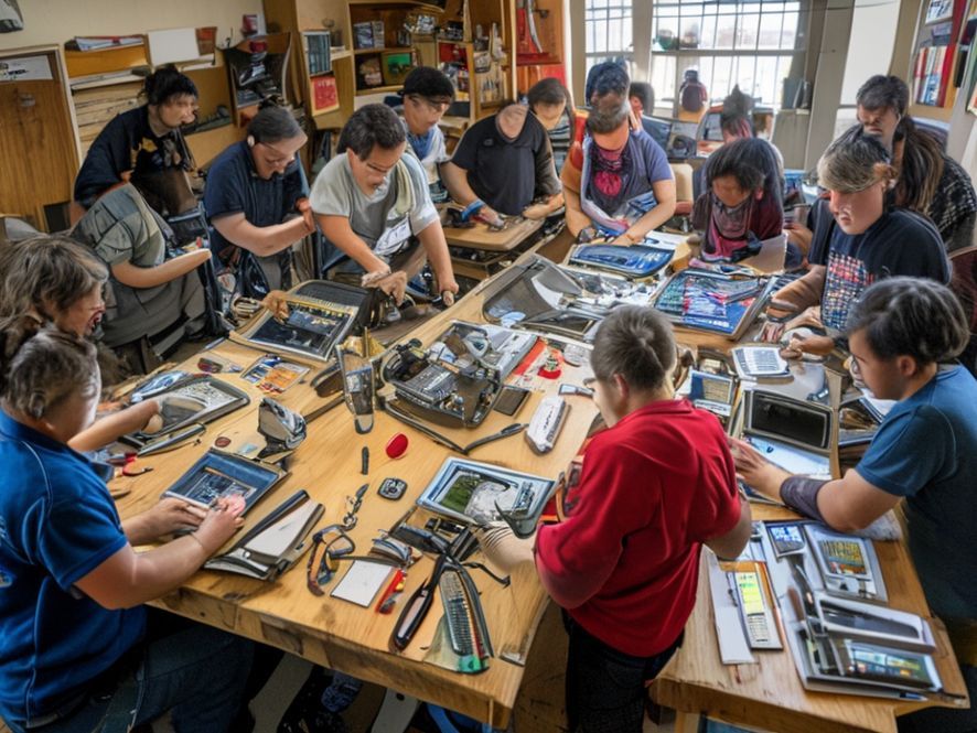 A vibrant community repair workshop in action. People of diverse ages are gathered around tables, intently working on various electronic devices. Tools are laid out neatly, and volunteers are helping participants. The atmosphere is collaborative and empowering.