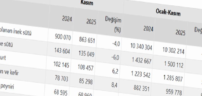Kasım Ayı Süt ve Süt Ürünleri Üretim Verileri: Toplamda Düşüş, Ürünlerde Artışlar ve İçme Sütünde Azalma