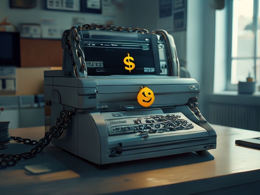 An office printer wrapped in heavy iron chains and a padlock. The printer's small LCD screen shows a sad face emoji and a dollar sign. The setting is a dimly lit home office. Cinematic lighting.
