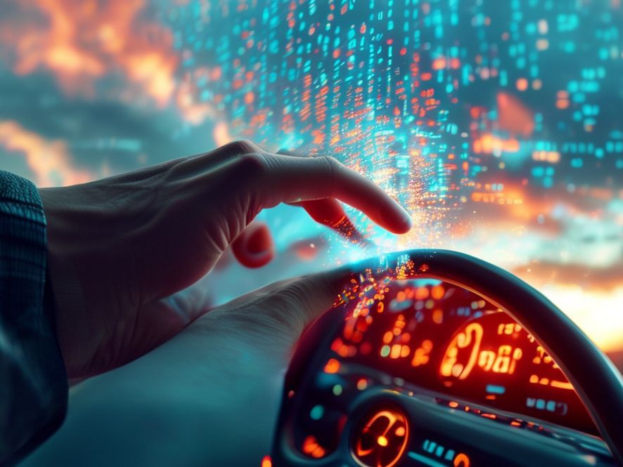 A conceptual illustration showing a human hand reaching for a physical object (like a steering wheel or a coffee maker), but the object is dissolving into binary code (0s and 1s) and floating away towards a cloud icon in the sky.