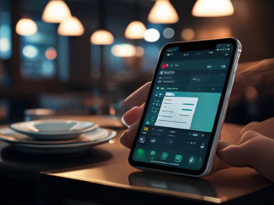 Close-up shot of a smartphone screen displaying a loading bar stuck at 15% while trying to download a PDF file, with a blurry background of a dimly lit restaurant table and empty plates.