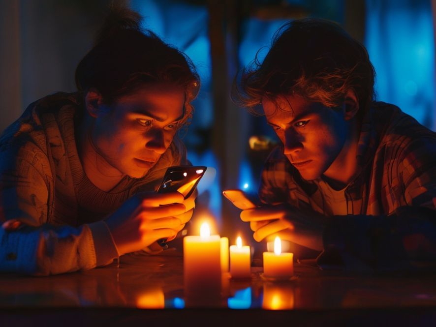 A couple sitting at a romantic candlelit dinner table, ignoring each other completely. Both look frustrated and are squinting at their smartphones. The warm candlelight contrasts with the harsh blue light from the phone screens reflecting on their faces.