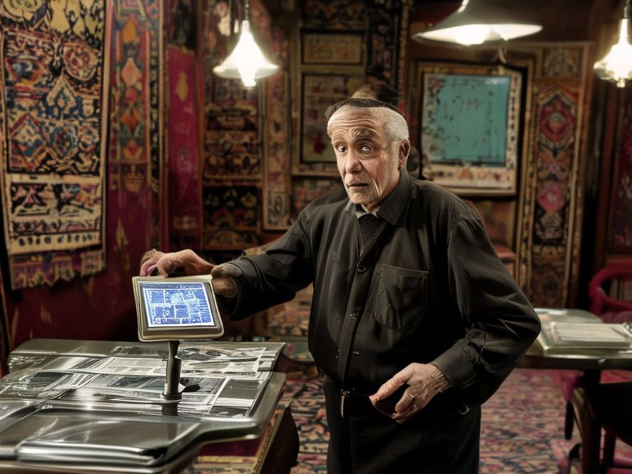 An elderly waiter looking confused, holding a tray in one hand and trying to help a customer scan a QR code with a tablet in the other hand. The setting is a traditional Turkish restaurant with rugs on the walls.