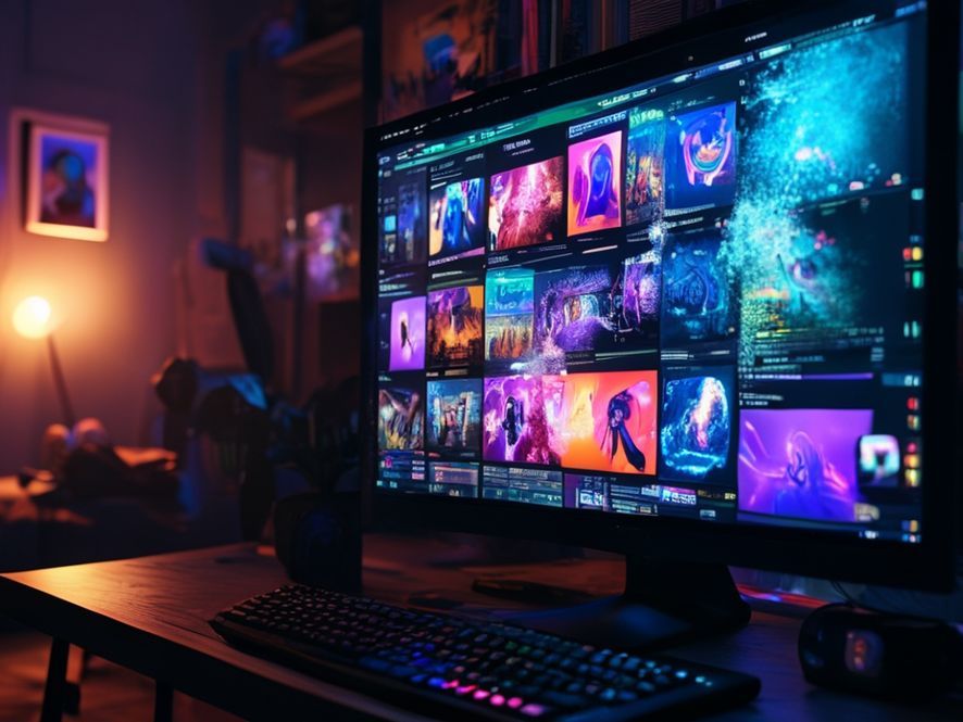 A conceptual illustration of a digital library on a computer screen where game and movie covers are turning into dust or sand and blowing away, symbolizing the loss of digital ownership. Dark, moody atmosphere with a glitch effect.