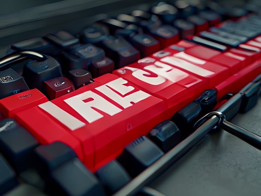 A close-up 3D render of a computer keyboard where the 'Enter' key is replaced with a red key that says 'RENT' instead of 'BUY', with chains wrapped around the keyboard.
