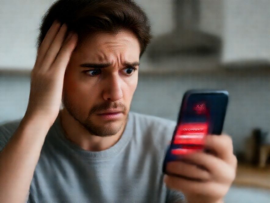 A close-up shot of a frustrated person holding a smartphone, looking at a login screen with a red error message box saying "Password too weak". The background is a blurry modern kitchen environment. The lighting is slightly dim, emphasizing the screen's glow on the person's annoyed face.