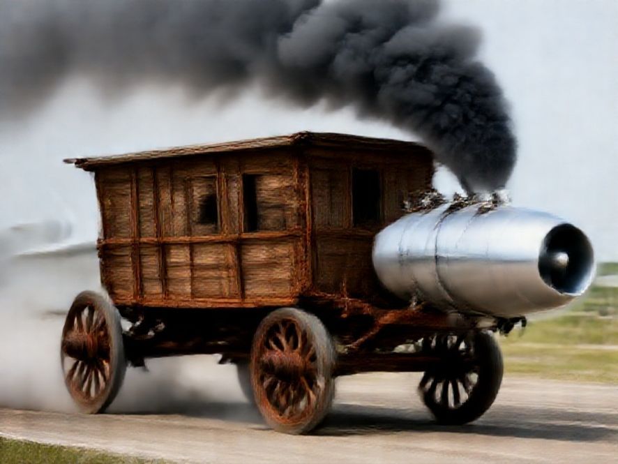 A whimsical illustration of a vintage horse-drawn cart with a modern, sleek jet engine attached to its rear, incongruously smoking and straining.