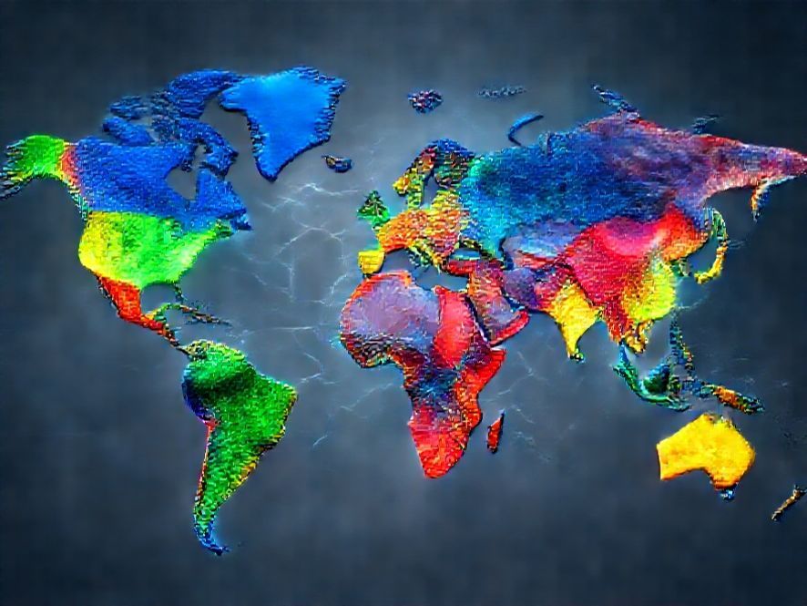 A fragmented digital map of the world, with different regions highlighted in various colors, connected by thin, broken lines, symbolizing digital divisions rather than unity.