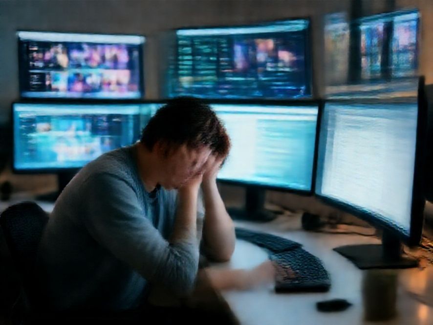 A person sitting in front of a multi-monitor setup, each screen displaying a different, distinct digital platform or interface, looking overwhelmed and isolated.