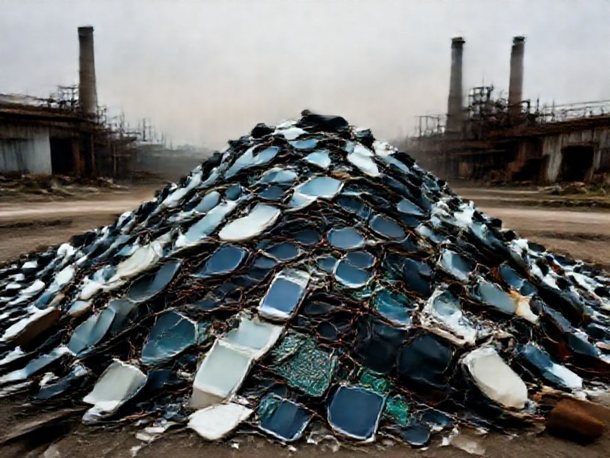 A pile of discarded electronic waste (e-waste), including old smartphones, tablets, and other gadgets, against a somewhat dystopian or industrial background, highlighting the environmental impact.